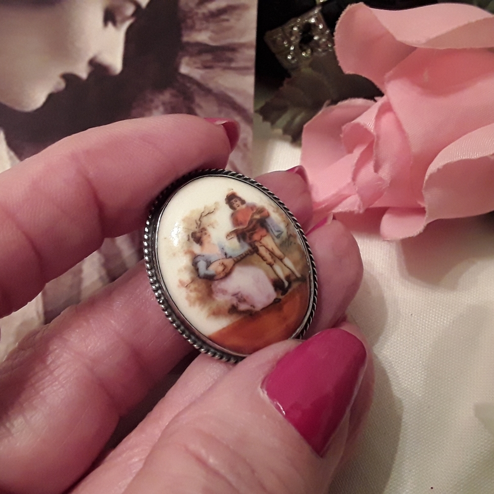 VTG 925 STERLING CAMEO PORCELAIN MINSTREL BROOCH - Picture 6 of 8